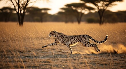 Cheetah running across the savanna at sunset in a dynamic wildlife shot.