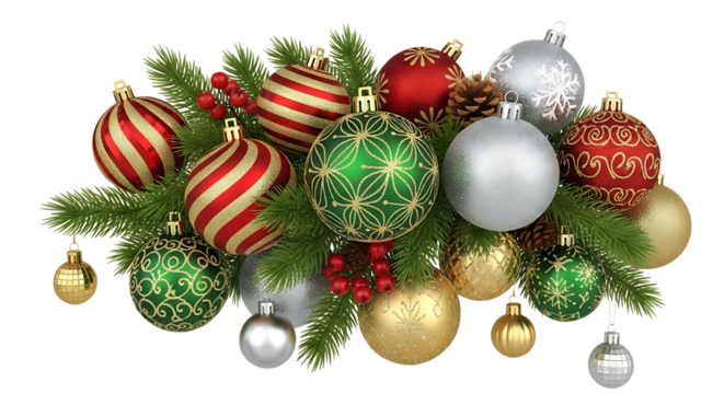 A set of elegant Christmas balls with fir tree branch decoration, isolated on pure white background, ultra detailed, high resolution PNG.