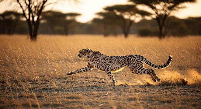 Cheetah running across the savanna at sunset in a dynamic wildlife shot. - Powered by Adobe