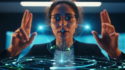 A focused researcher uses advanced holographic technology to manipulate data in a high-tech workspace, demonstrating her skills in digital interaction - Powered by Adobe