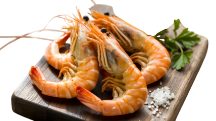 Freshly cooked prawns served on a wooden board with salt and parsley garnish on transparent background