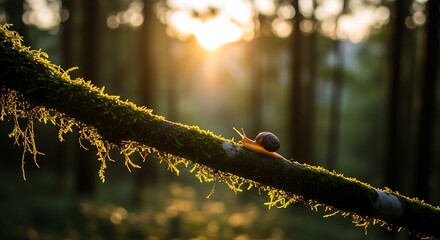 Close-up of a moss-covered tree branch in a forest with golden hour sunlight filtering through the trees.