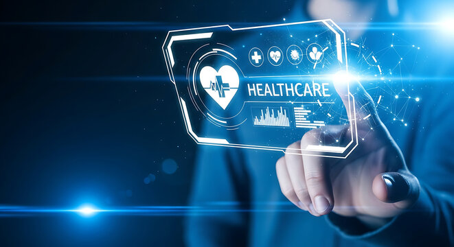 Person touching futuristic holographic screen displaying healthcare icons and data with bright blue light
