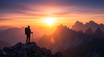 Hiker stands on mountain peak, watching the sunrise over the majestic landscape.