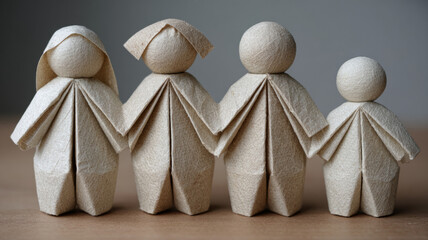 Four origami paper figures depicting a family on a wooden surface.