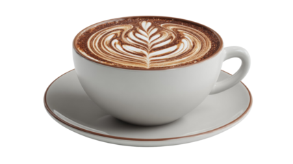 Hot cappuccino and chocolate coffee drinks served in white cups on saucers during a morning breakfast