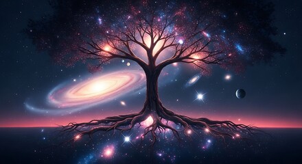 Cosmic Tree of Life with Galaxy and Stars.