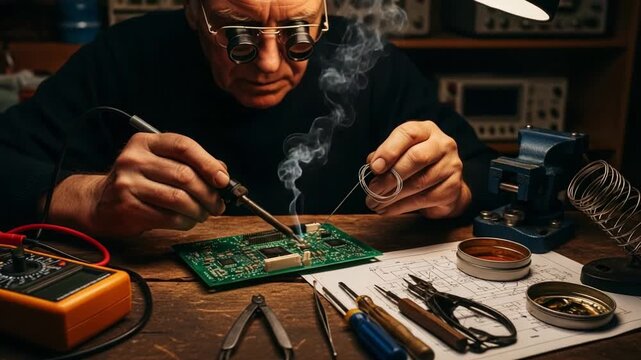 A skilled technician meticulously soldering components on a circuit board while surrounded by essential tools and equipment, showcasing expertise in electronics repair and fabrication 