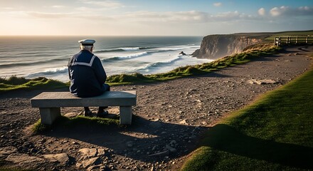 Contemplative Sailor on Coastal Bench Overlooking Ocean Waves.