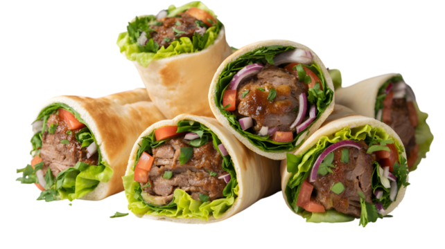 Delicious beef shawarma wraps with fresh vegetables stacked on a black table on transparent background