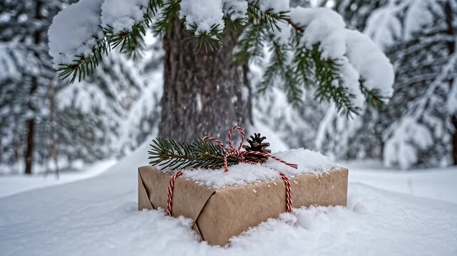 Rustic Christmas Gift Box in Snowy Winter Forest Scene with Falling Snowflakes and Evergreen Pine Decorations for Holiday Season Celebrations