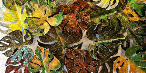 Abstract wallpaper textures colorful leafs tropical pattern  nature art painting background design hand draw. © v.stock