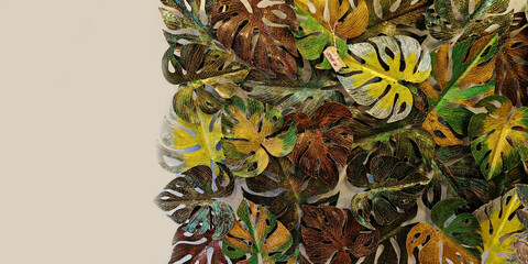 Abstract wallpaper textures colorful leafs tropical pattern  nature art painting background design hand draw.