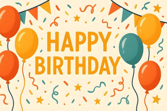 Playful Birthday: Orange and yellow balloons, confetti, and pennants create a festive scene. Perfect for invitations, social media graphics, or birthday posters.