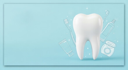 Clean white tooth with dental care icons on blue background promoting oral hygiene and health