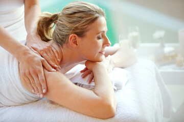 Relax, massage and hands with woman in spa for body care, holistic healing and deep tissue...