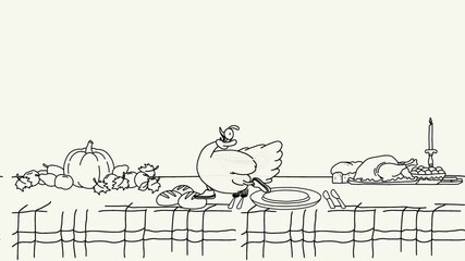 Cartoon loop animation of a turkey bird dashing through a Thanksgiving dinner table filled with pumpkin, pie, cornucopia, bread, roll, corn, gravy, and roasted turkey in a humorous holiday scene.