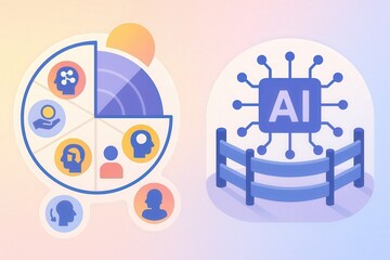 Visualizing cognitive frameworks and artificial intelligence paradigms through abstract representation of human understanding and technology integration in a digital landscape