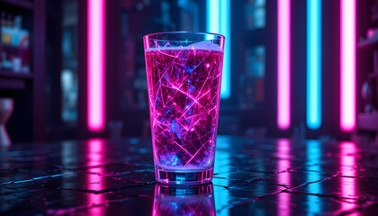 Electrifying drink with neon glow in glass, perfect for bar promotions, nightclub flyers, and modern beverage ads, vibrant and innovative drink experience