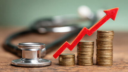 Stethoscope placed next to stacks of coins with a red arrow graph rising sharply symbolizing increasing healthcare costs medical expenses and financial concerns rising expenses