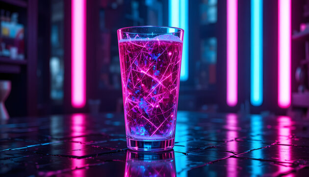 Electrifying drink with neon glow in glass, perfect for bar promotions, nightclub flyers, and modern beverage ads, vibrant and innovative drink experience
