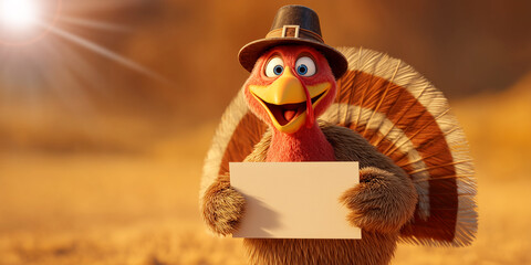 A cheerful Thanksgiving cartoon turkey wearing a pilgrim hat holding a blank sign with copy space, against a blurred yellow-orange background. Perfect for festive Thanksgiving visuals. Generative Ai.