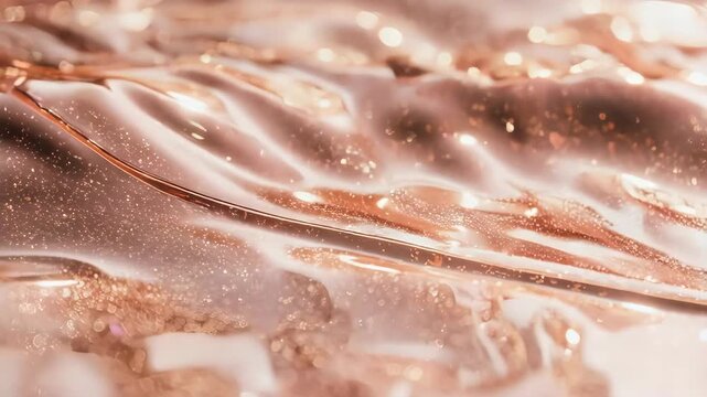 Abstract Rose Gold Shimmering Liquid Surface with Glitter Particles Flowing and Rippling.