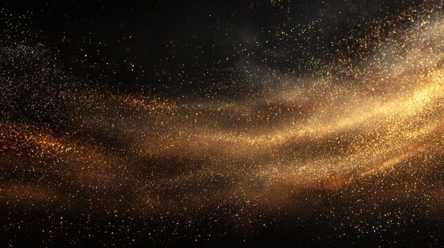 Golden dust swirls over a dark canvas with sparkling specks and a luxurious, cosmic glow