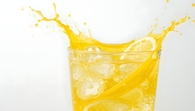Refreshing lemonade splash with lemon slice, cool summer drink with ice for a hot day, vibrant citrus beverage, sparkling and thirst quenching drink