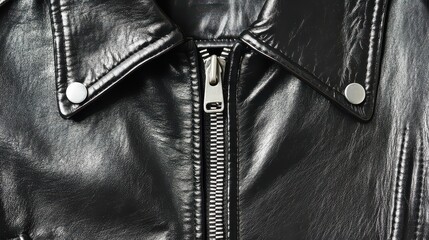 Close-up of Black Leather Jacket Collar and Metal Zipper Detail
