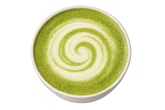 Matcha latte in a white cup forming a decorative spiral design with creamy foam, overhead view, transparent background