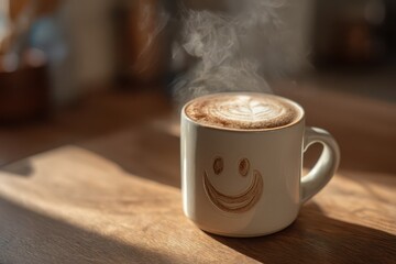 Good morning coffee scene featuring latte art smile on wooden counter and sunrise glow