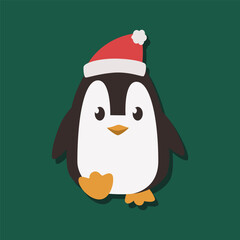 A penguin wearing a red hat and a red Santa hat
