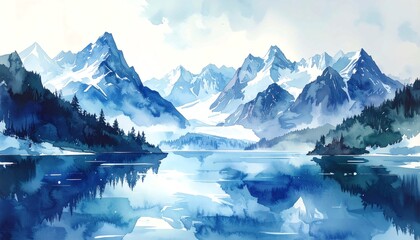 Majestic mountain landscape painted in watercolor style, featuring snow-capped peaks and deep blue water reflections, representing travel, serene nature, winter, wilderness, and tranquil outdoor scene