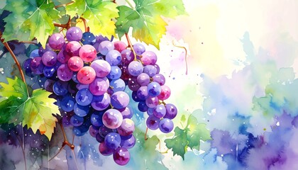 Vibrant watercolor harvest illustration of a lush bunch of ripe red and purple grapes hanging from a vine with green leaves, set against a bright, colorful, and dreamy background
