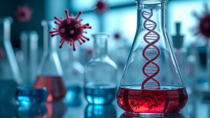 DNA Helix and Virus in Scientific Flask