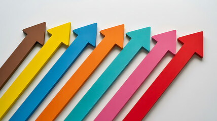 Multiple colorful arrows pointing upwards on a white background, symbolizing growth and progress