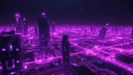Neon-lit futuristic cityscape glows purple, circuitry veins weave beneath towering spires, alive!!!! - Powered by Adobe