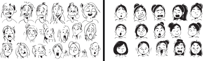 human face expressions set, people emotions vector, cartoon faces illustration, hand drawn portrait artwork, facial emotions clipart, character expression design, face outline drawing, people reaction