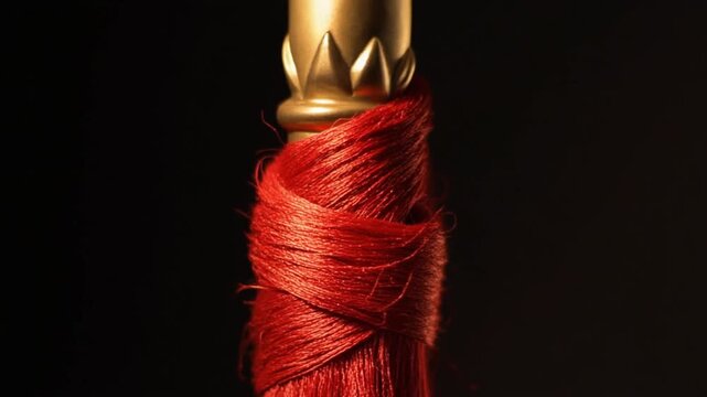 Close-up of red thread wrapped around a gold spool against a dark background