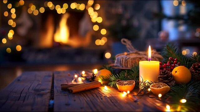Cozy winter solstice gathering, rustic wooden table with candles and evergreen branches, warm fireplace glow, traditional Yule decorations, cinnamon sticks and oranges, soft bokeh lights