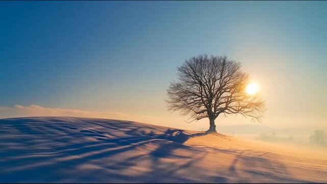 Serene winter solstice landscape at golden hour, single bare oak tree on snow-covered hill, low sun casting long shadows, pale blue and gold sky, minimal composition, peaceful atmosphere