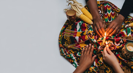 Celebrating Kwanzaa with lighting candles and African textiles for family unity and heritage. Kwanzaa celebration shows hands arranging candles with care,
