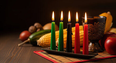 Kwanzaa celebration with candles, fruits, and harvest on wooden table, showcasing traditions. This Kwanzaa setup includes vibrant colors and symbolic items reflecting heritage and unity,