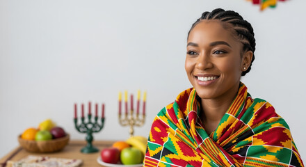 Capturing spirit of Kwanzaa with young woman, celebrating unity and heritage. Kwanzaa traditions are vibrant, symbolized by beautiful girl wrapped in patterned cloth, showcasing pride.