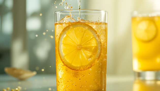 Invigorating citrus drink with lemon slice and refreshing bubbles, perfect for summer refreshment and healthy lifestyle campaigns. Enjoy vibrant golden beverage