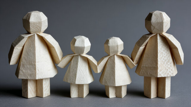 Geometric wooden figures representing a family.