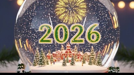 Animated new year 2026 snow globe with fireworks and festive scene