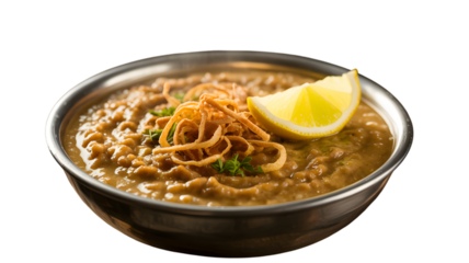 Delicious haleem dish served in a bowl with lemon and fried onions on transparent background
