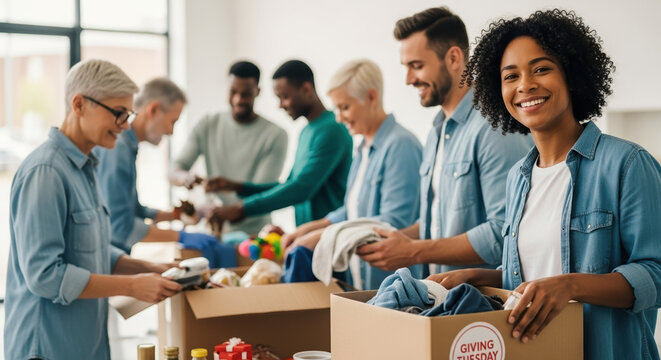 Giving Tuesday event features volunteers sorting donations into boxes for charity, demonstrating collaborative spirit. This Giving Tuesday,